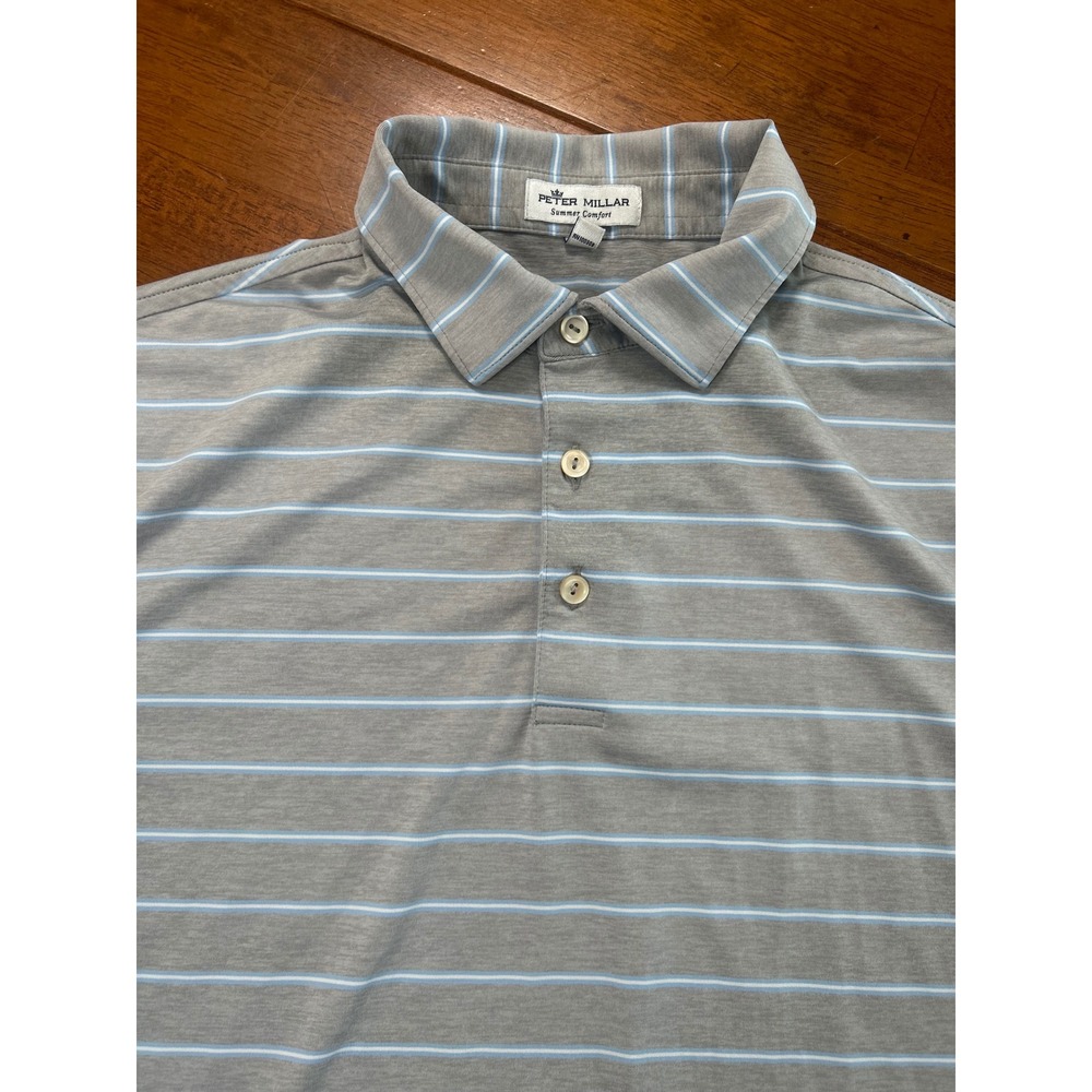 Peter Millar Polo Shirt Mens M Gray Blue Striped Summer Comfort Short Sleeve